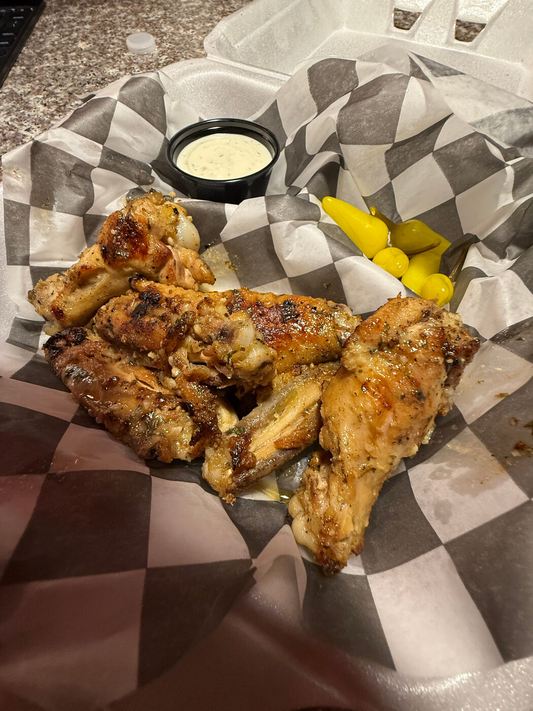 Smoked chicken wings with ranch and pepperoncini